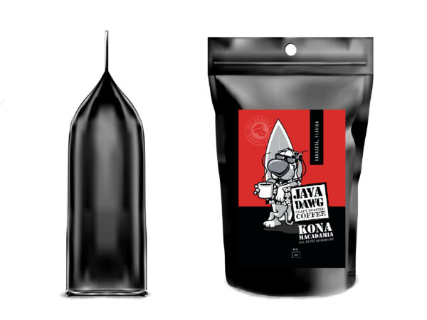Coffee bag with Java Dawg label for Macadamian Nut flavored coffee.