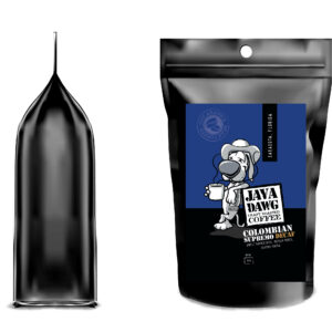 coffee bag with Java Dawg Decaf colombian supremo brand label.