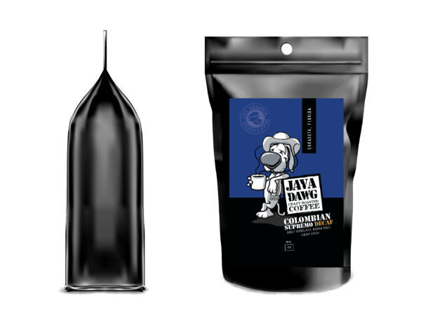 coffee bag with Java Dawg Decaf colombian supremo brand label.